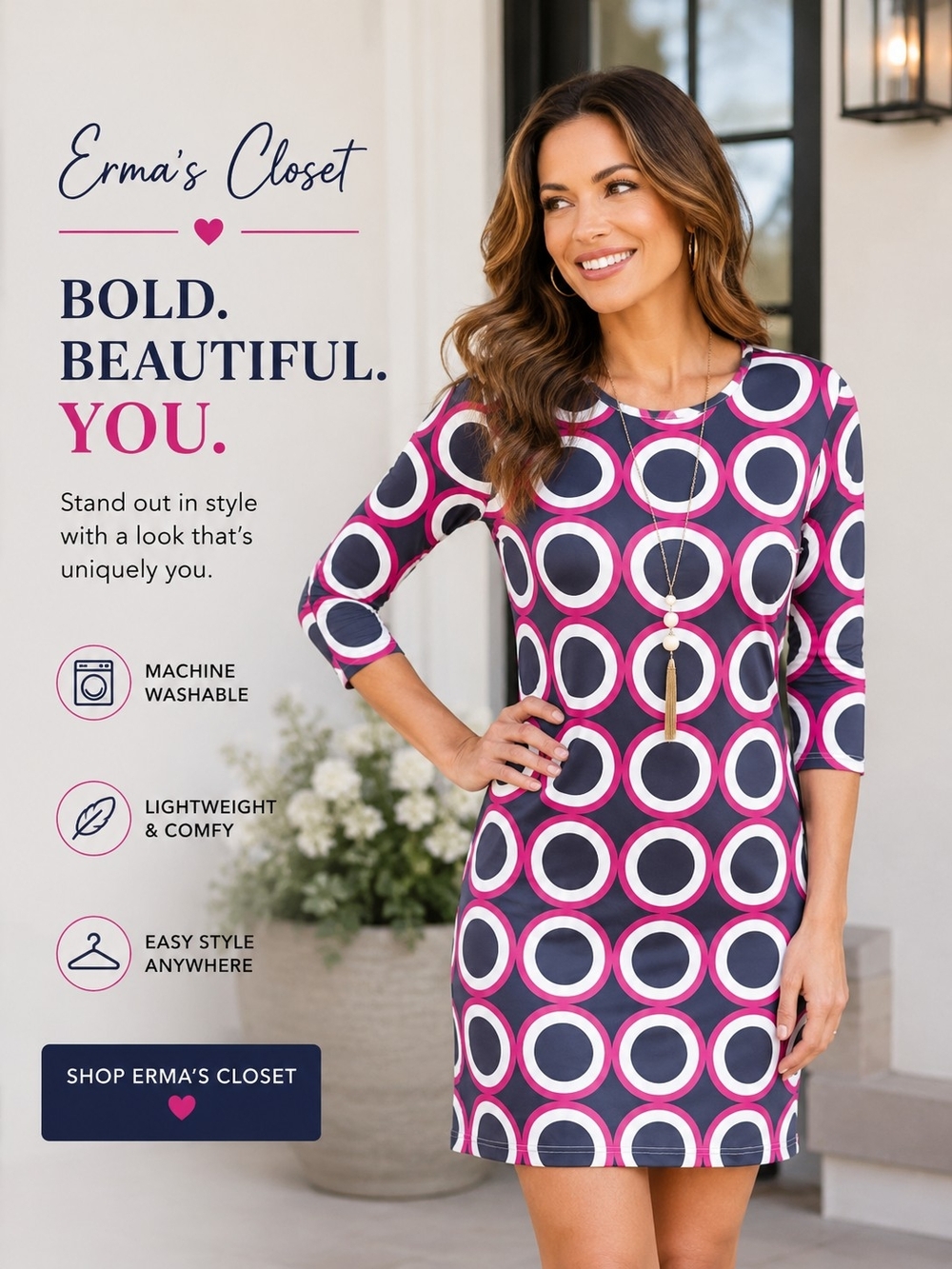 Bold Circle Print Shift Dress - Pink & Navy